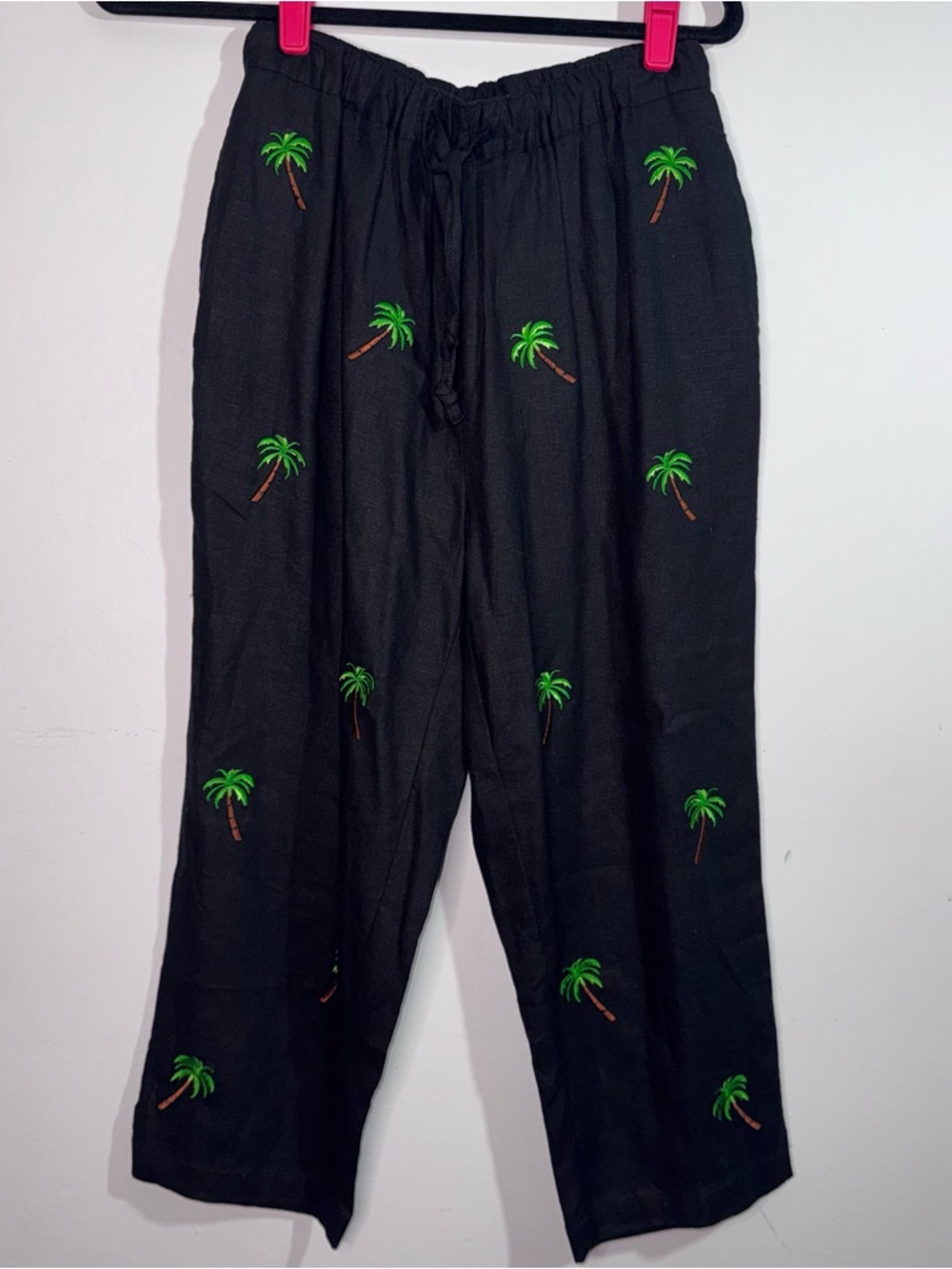 The Quacker Factory Palm Tree Embroidered Linen Blend Capri Pants Small Beach